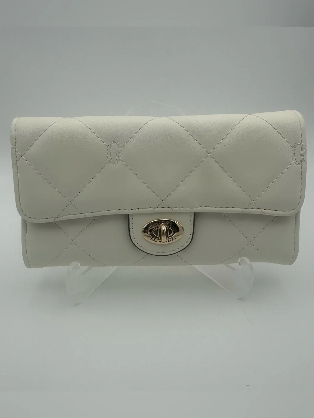 Guess Greenberry SLG Logo Slim Tri-Fold Clutch Wallet - White/Gold